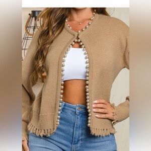 #097 beige Pearl-Embellished cardigan